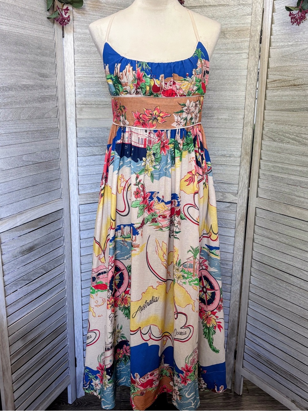 CHRISTIAN LACROIX AtlasNauticalMap Alight Picnic Tropical Floral MidiDress SZ S